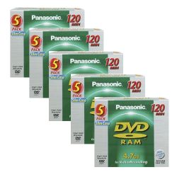 Panasonic Slim Case 5 Pack of 2-3x-Speed, Single-sided, 120 minute (4.7GB/Non-cartridge) DVD-RAM Discs for Video Recording